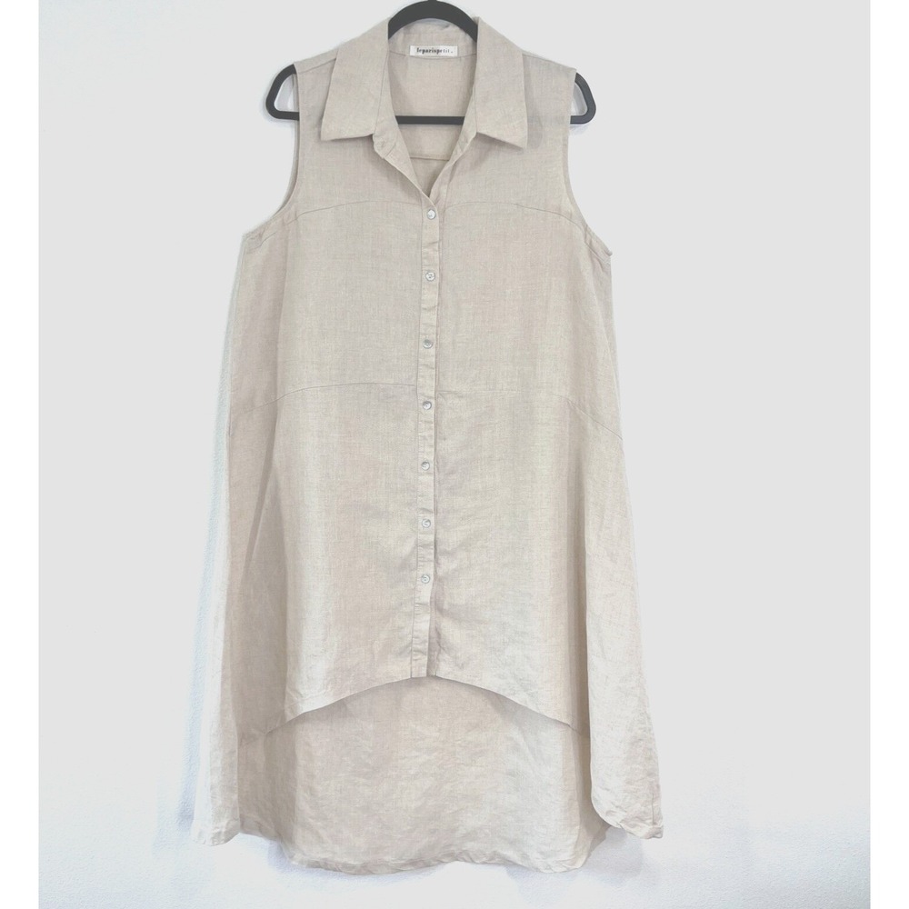 Leparispetit Linen Tunic Shirt Womens XL Beige Sleeveless High Low Lagenlook USA
